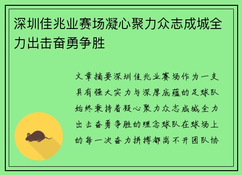 深圳佳兆业赛场凝心聚力众志成城全力出击奋勇争胜